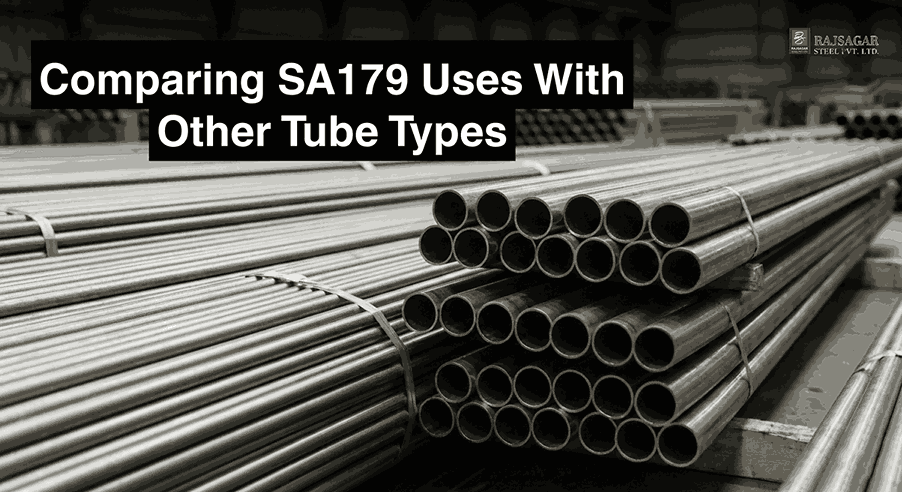 Bundles of cold-drawn ASME SA179 seamless carbon steel tubes stacked in an industrial warehouse, featuring the Rajsagar Steel logo and bold title text.